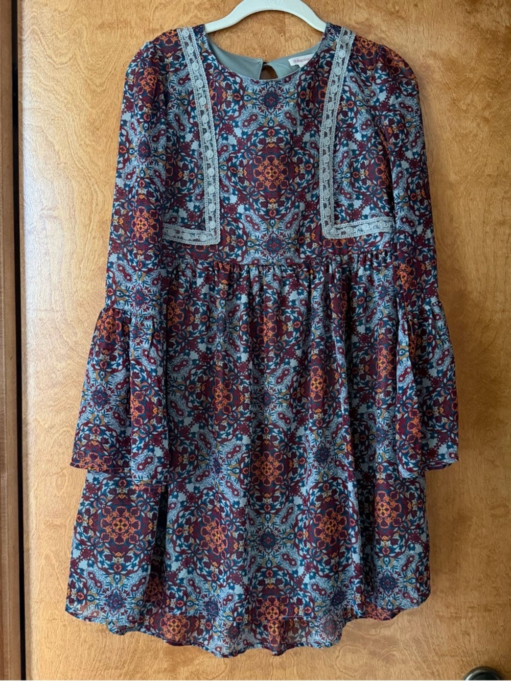 Xhilaration Teal & Burgundy Floral Lace-Trim Dress
